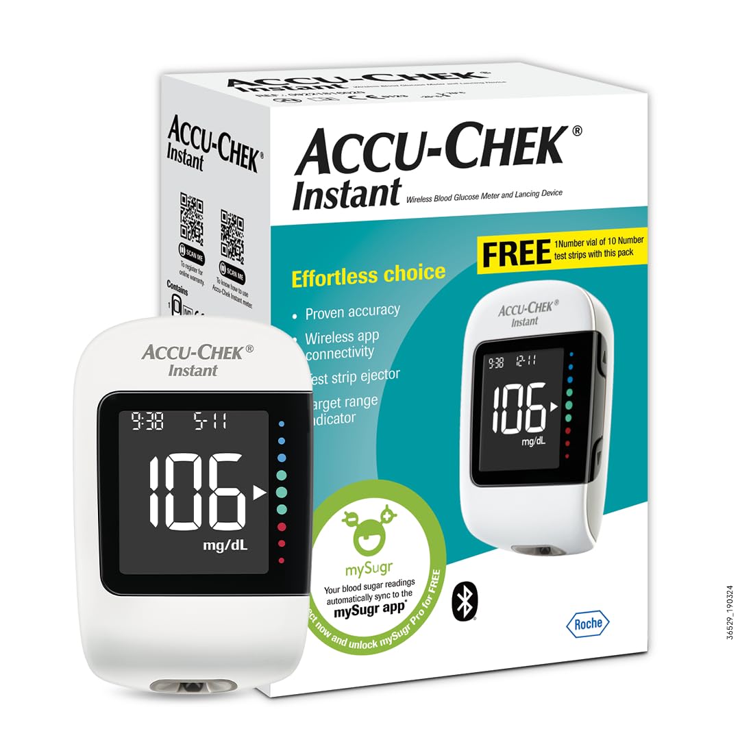 Accu-Chek Instant Blood Glucose Glucometer (with Bluetooth) with Vial of 10 Strips, 10 Lancets and a Lancing Device FREE for Accurate Blood Sugar Testing