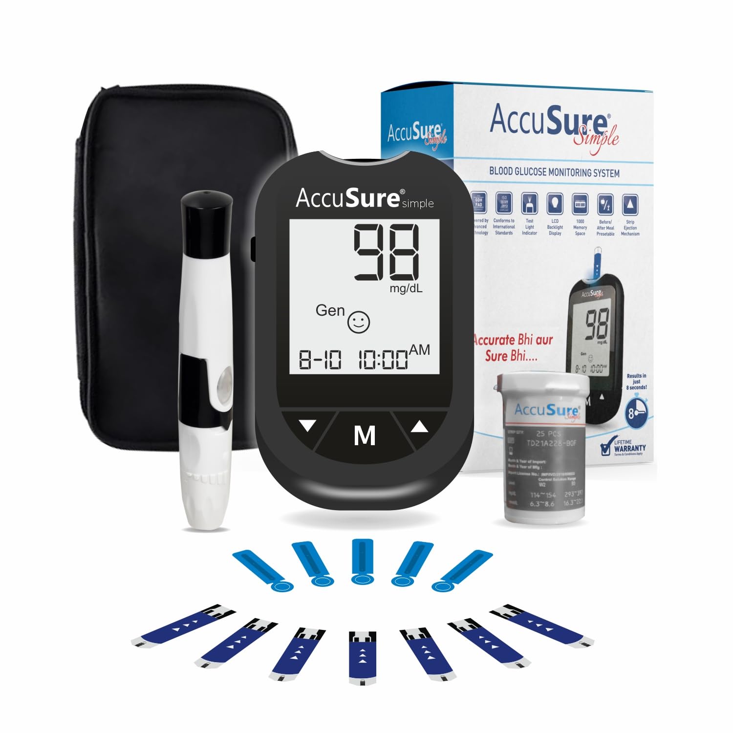 AccuSure Instant Digital Simple Glucometer Kit |with 25 Strips,10 Lancet,1 Lancing device for Accurate Blood Glucose Sugar Testing Machine