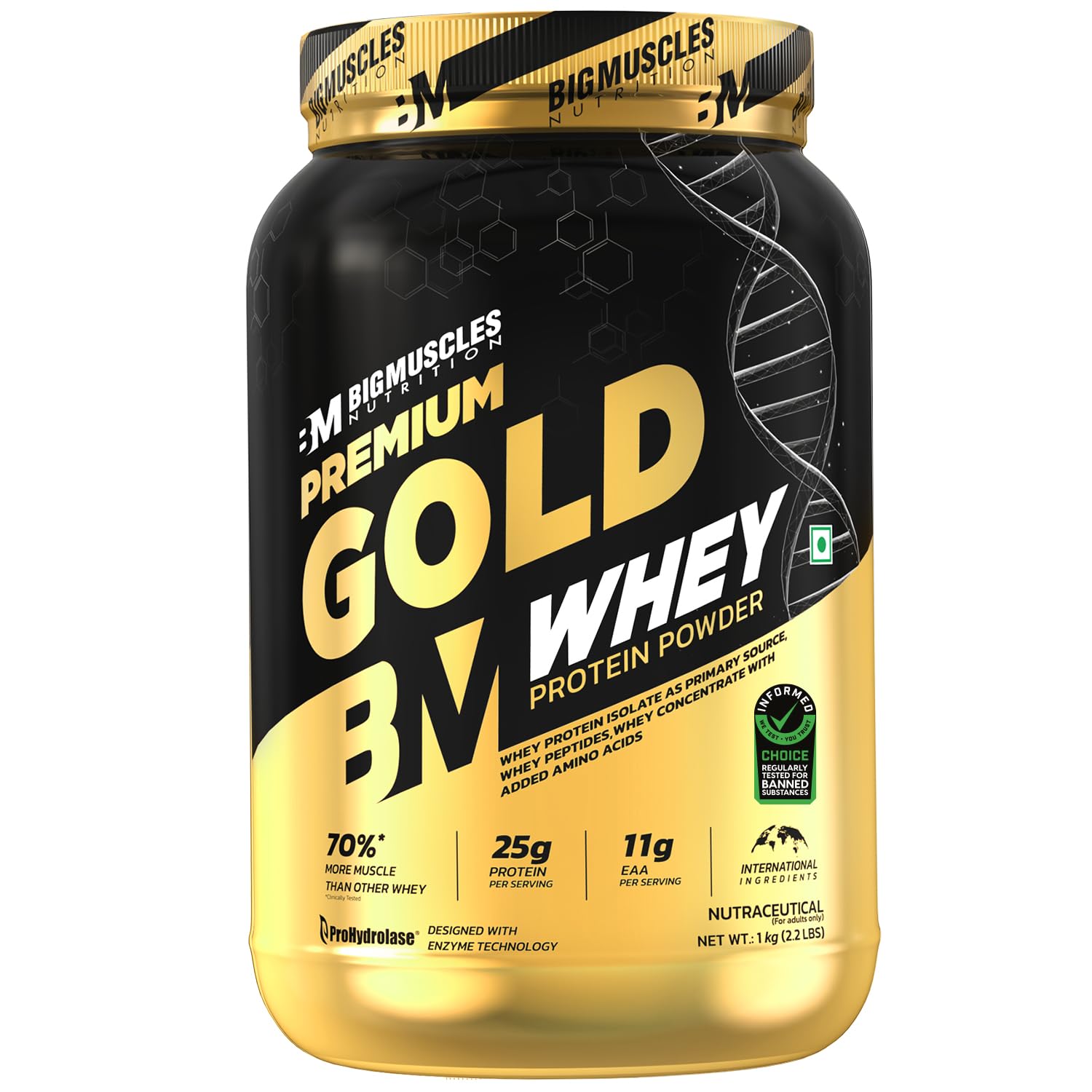 Bigmuscles Nutrition Premium Gold Whey [1Kg] | Informed Choice UK Certified | Isolate Whey Protein Blend | 25g Protein | 11g EAA | ProHydrolase Enzyme Technology [Chocolate]