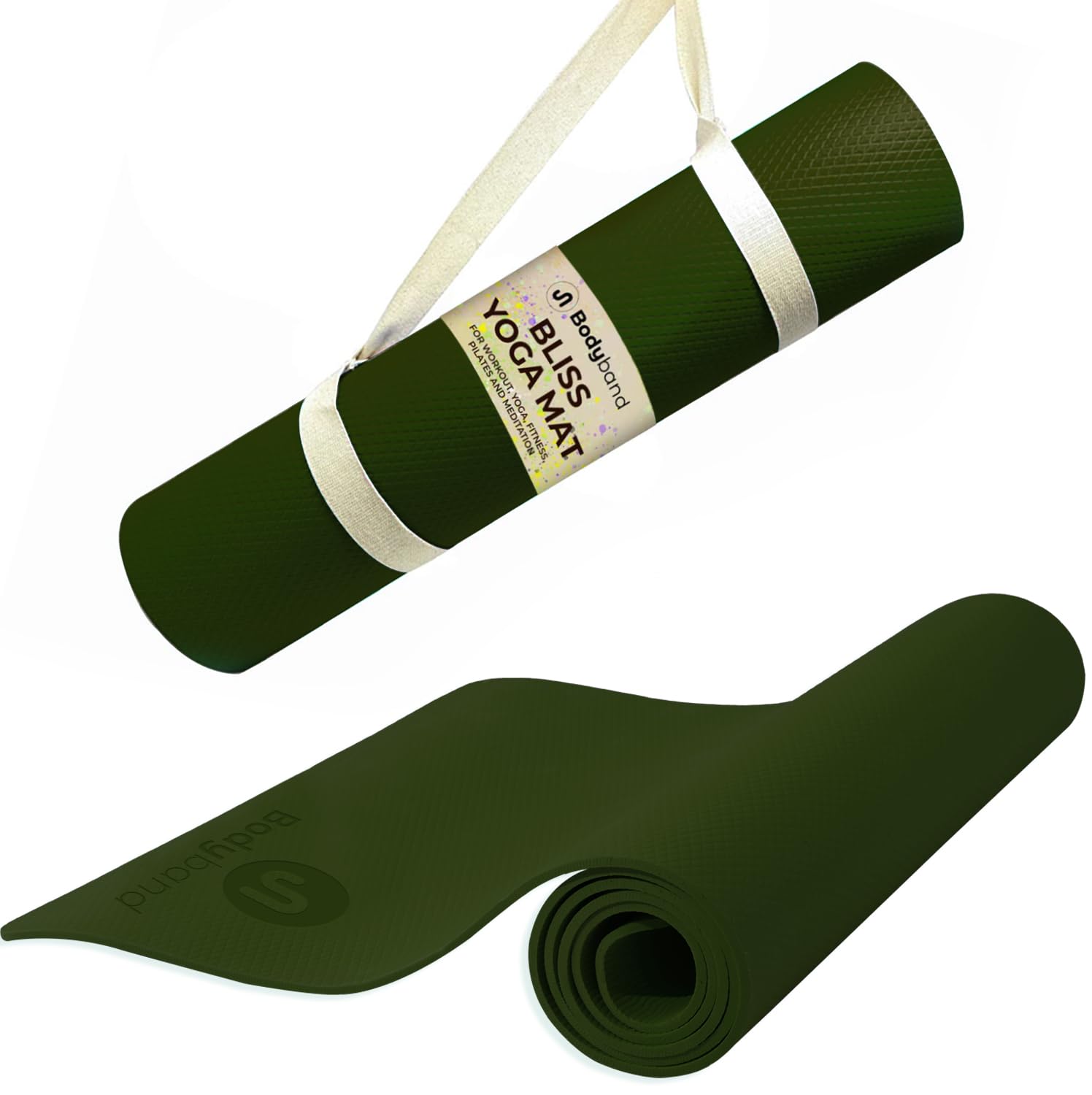 Bodyband Yoga Mat for Women and Men 4mm with Carry Strap EVA Material Extra Thick Exercise Mat for Workout Yoga Fitness Pilates and Meditation, Anti Tear Anti Slip For Home & Gym Use - Army Green