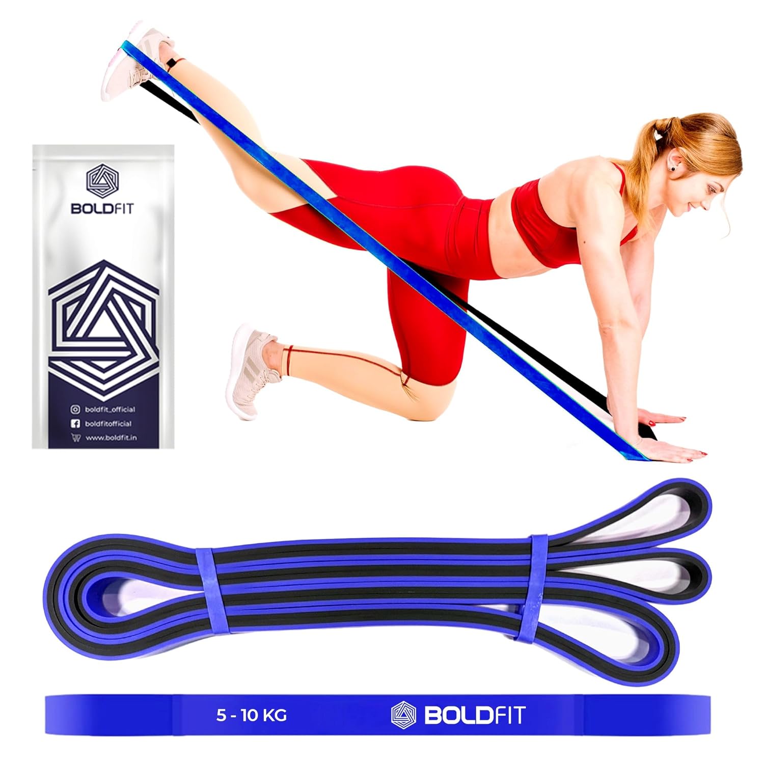 Boldfit Natural Rubber Resistance Premium Bands for Workout Dual Color Premium Heavy Resistance Band for Stretching, Pull ups, Home Exercise Resistance Band for Gym - Blue (5-10kg Resistance)