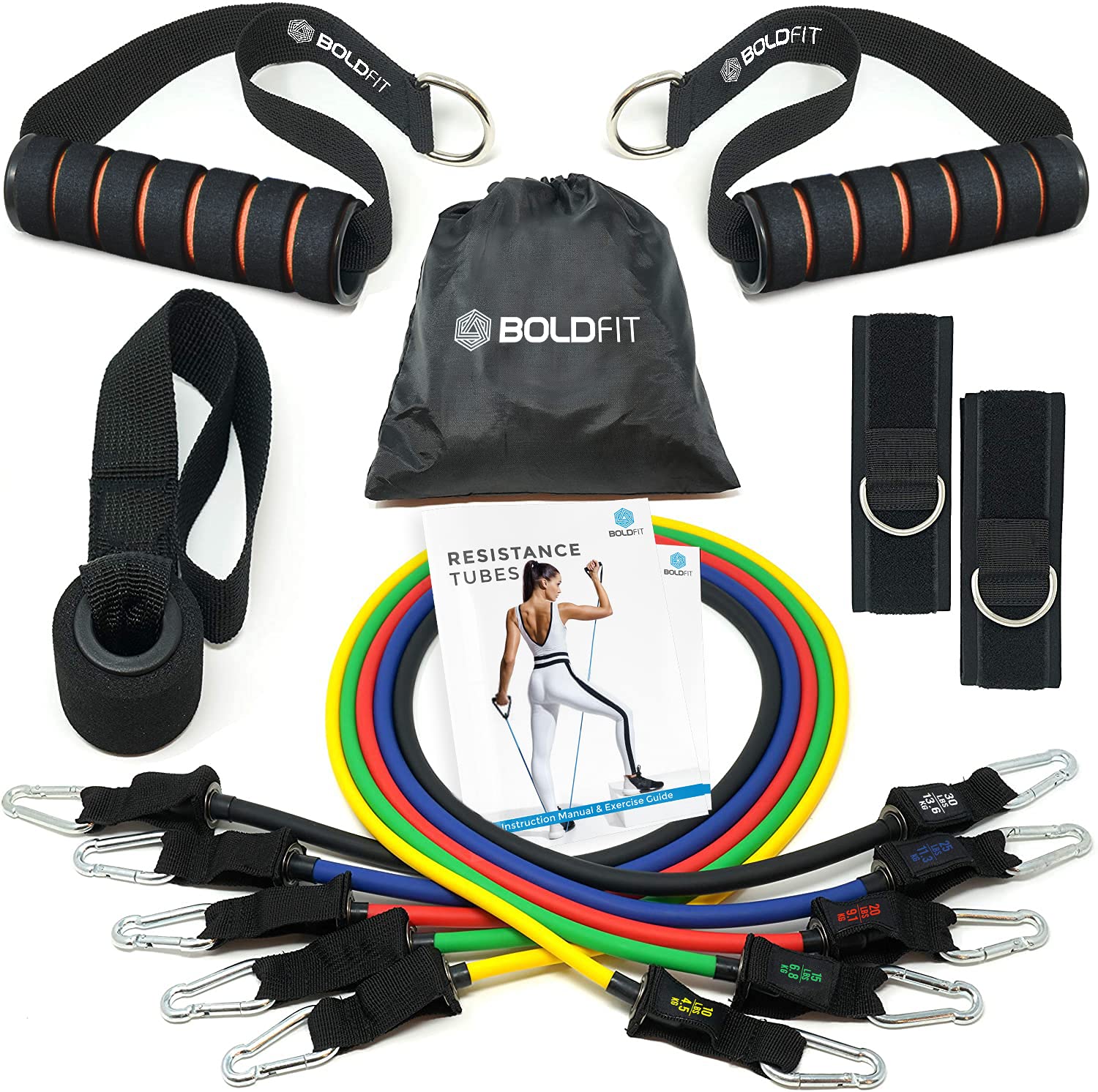 Boldfit Resistance Band Set with Handles, Portable Toning Tubes with Door Anchor & Foam Handles. Resistance Tube Kit with Bag and Ankle Straps Included. (11 Pieces Tube Set), Multicolor