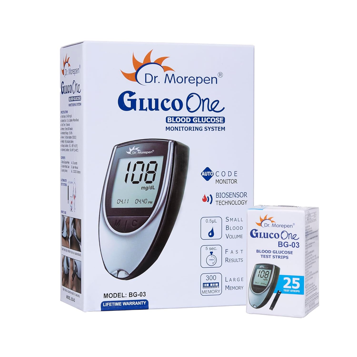 DR. MOREPEN GlucoOne Blood Glucose Monitor Model BG 03 with 25 Strips