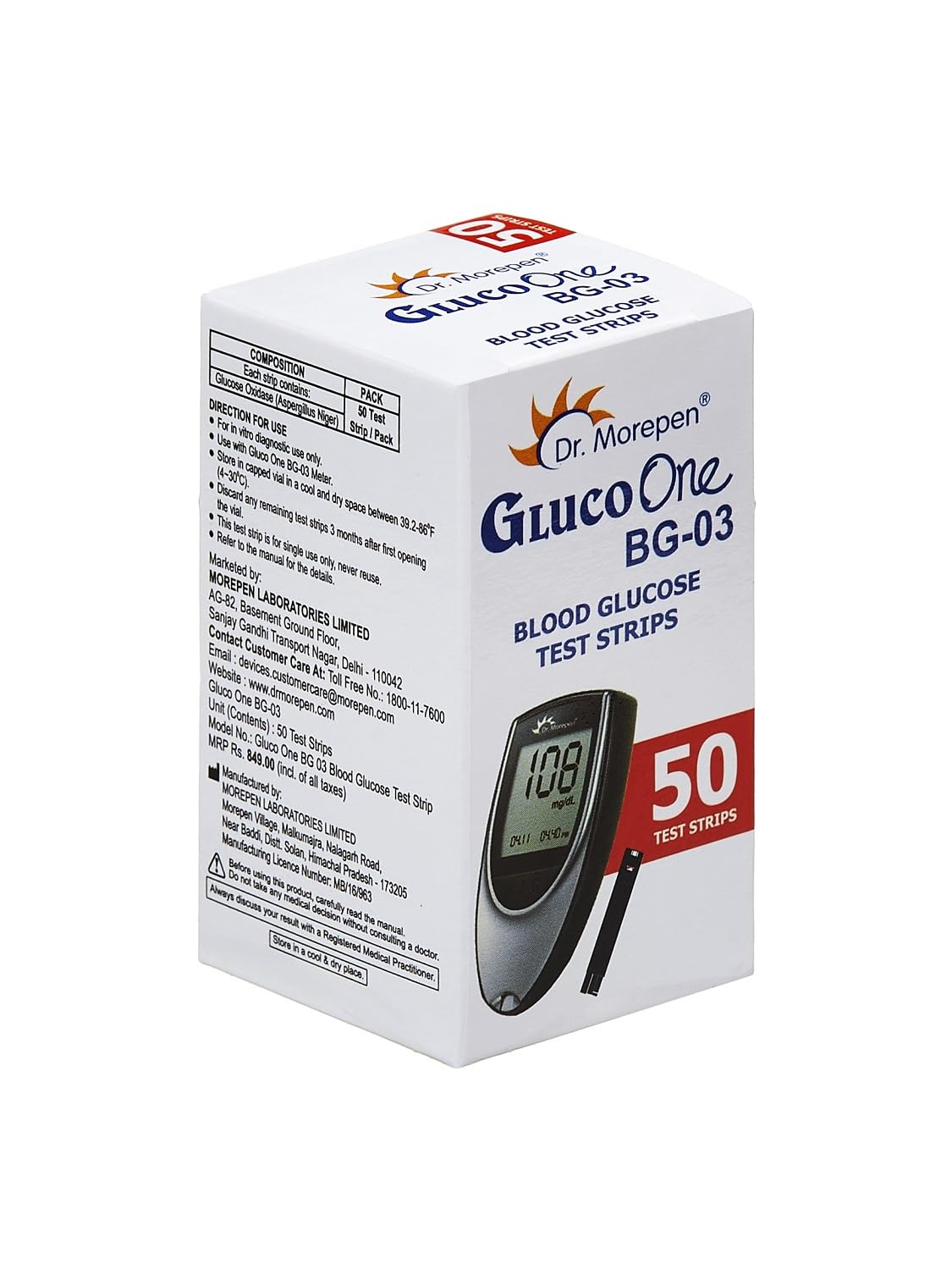 Dr. Morepen BG-03 Blood Glucose Test Strips, 50 Strips (Black/White)(Only Strips, No Glucometer)