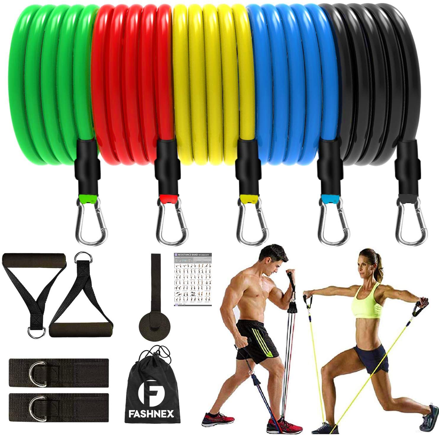 Fashnex Resistance Bands Set for Exercise, Stretching and Workout Toning Tube Kit with Foam Handles, Door Anchor, Ankle Strap and Carry Bag for Men, Women