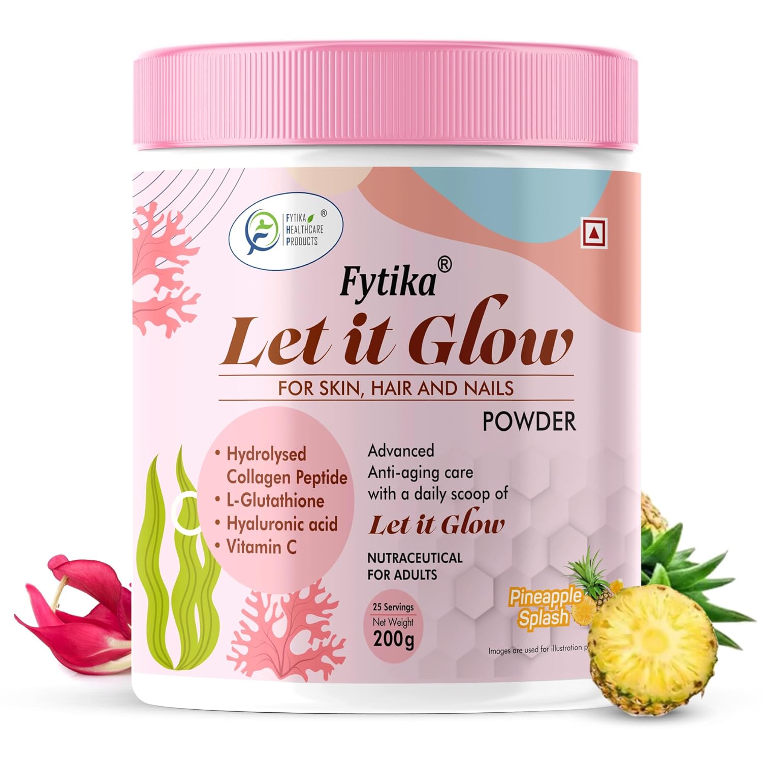 Fytika Let It Glow Marine Collagen Supplement for Men & Women|L- Glutathione, Vitamin C, Sesbania Agati Extract|Promotes Healthy Skin, Hairs and Nails (Pineapple, Pack of 1)