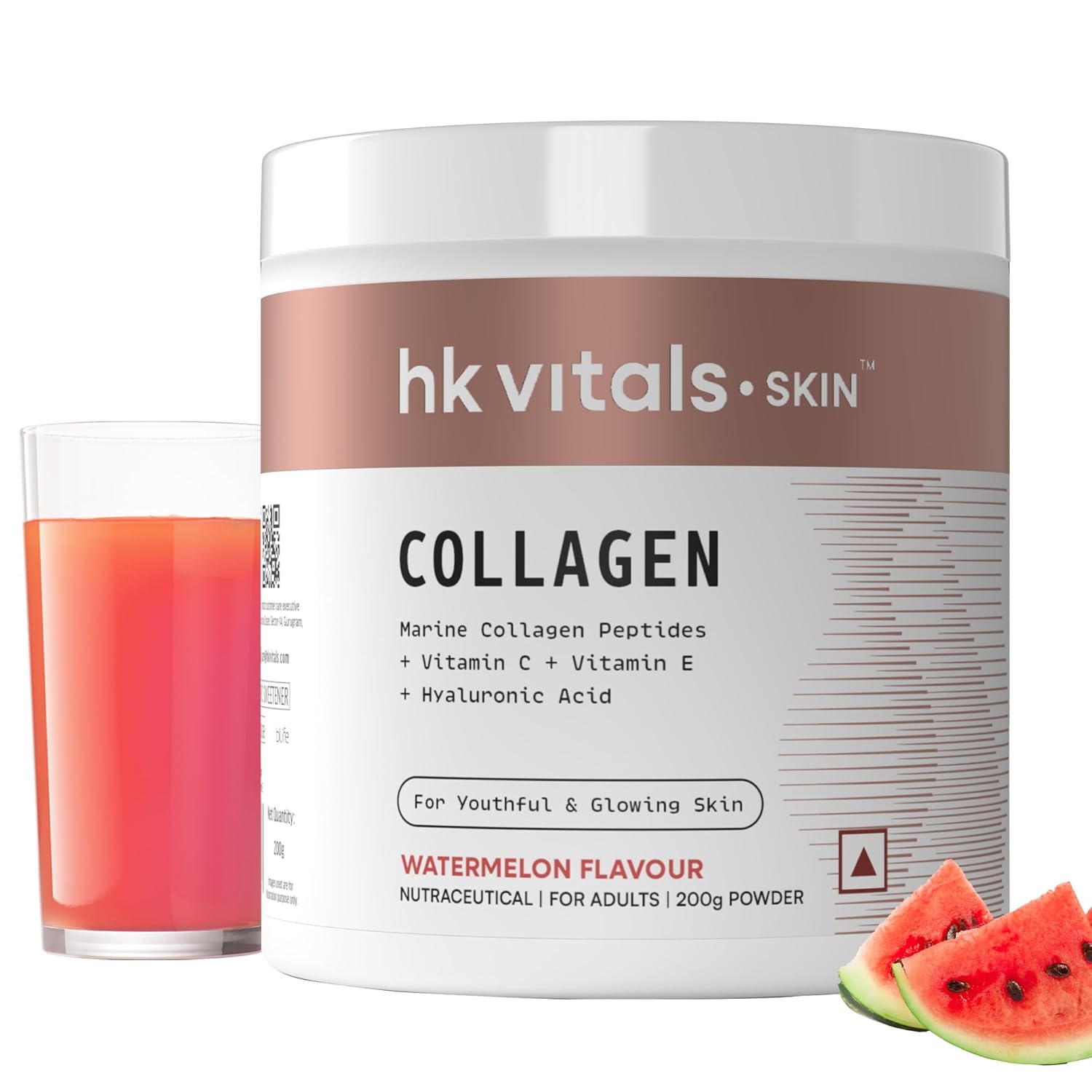 HealthKart Hk Vitals Marine Collagen Supplement Powder (Watermelon, 200 Gram) |Vitamin C, E, Sodium Hyaluronate | For Healthy Skin, Hair & Nails