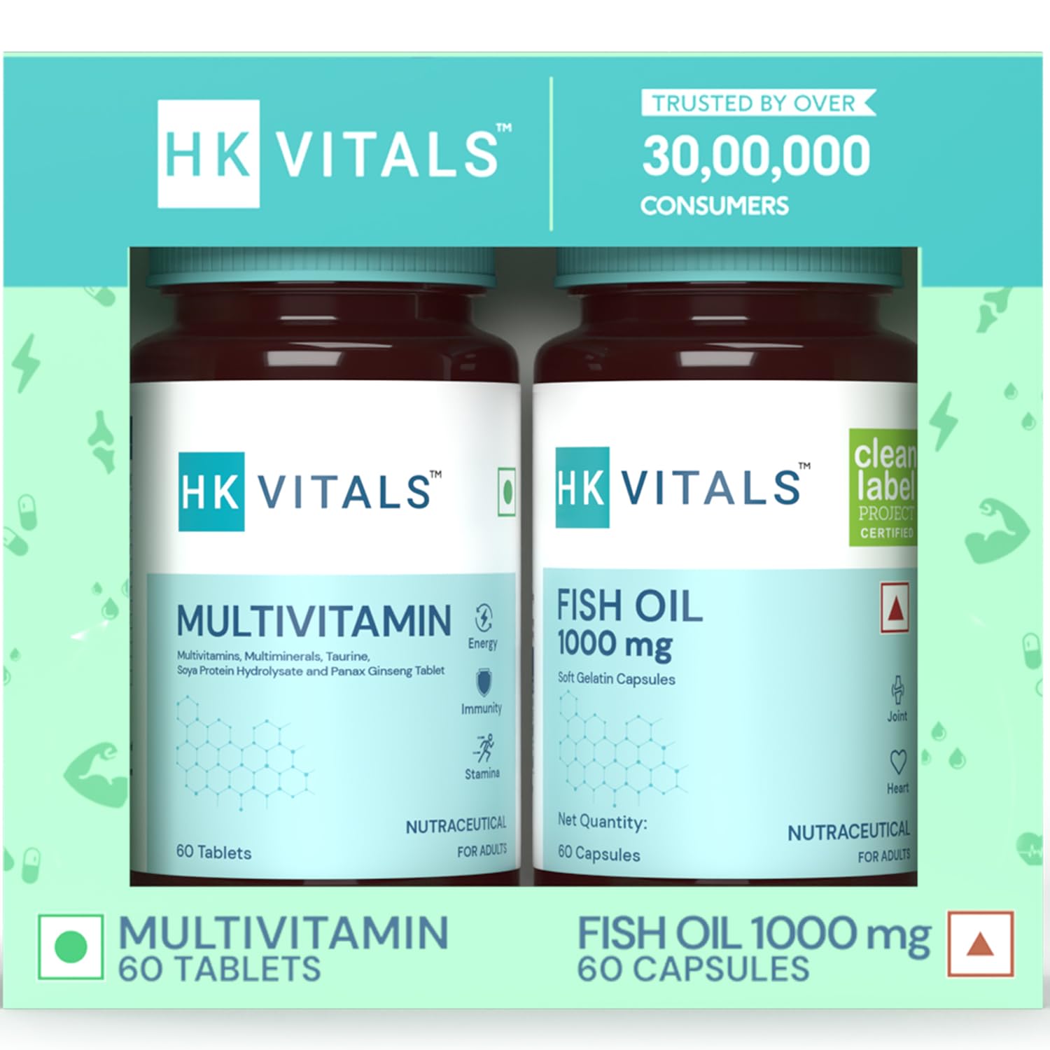 HealthKart hk vitals Fish Oil and Multivitamin (60 Tablets Each) Combo Pack | 1000mg Omega 3 with 180mg EPA & 120mg DHA | Enhances Energy, Immunity & Joints Health