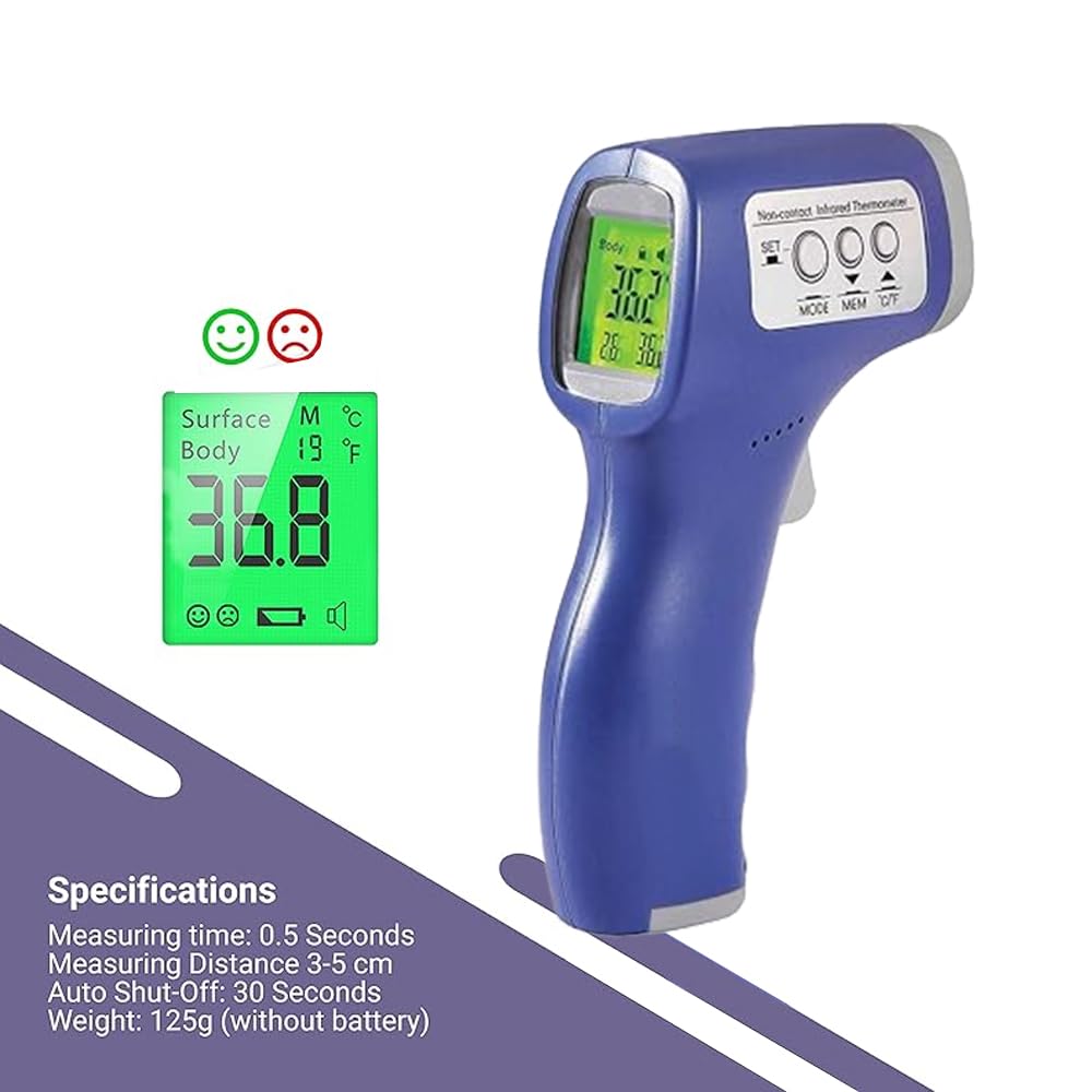 Infrared Digital Thermometer for Fever – Non-Contact Laser Temperature Gun with Battery Included (Blue)