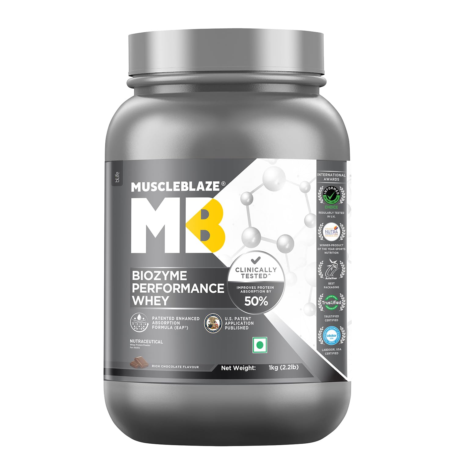 MuscleBlaze Biozyme Performance Whey Protein (Rich Chocolate, 1 kg / 2.2 lb) | Clinically Tested 50% Higher Protein Absorption | Informed Choice UK, Labdoor USA Certified & US Patent Filed EAF®