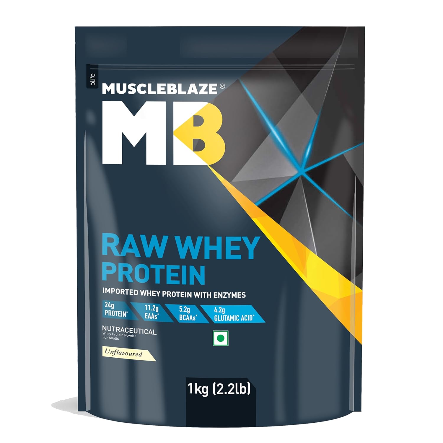 MuscleBlaze Raw Whey Protein Concentrate (Unflavoured, 1kg) | Light & Clean Protein | Easy to Digest