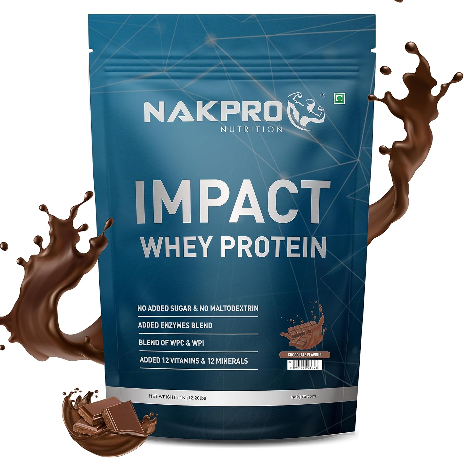 NAKPRO Impact Whey Protein 1kg | Isolate & Concentrate | 24g Protein & 4.9g BCAA | With Digestive Enzymes for better Absorption | NABL Lab Tested 100% Authentic Supplement Powder - Chocolate Flavour