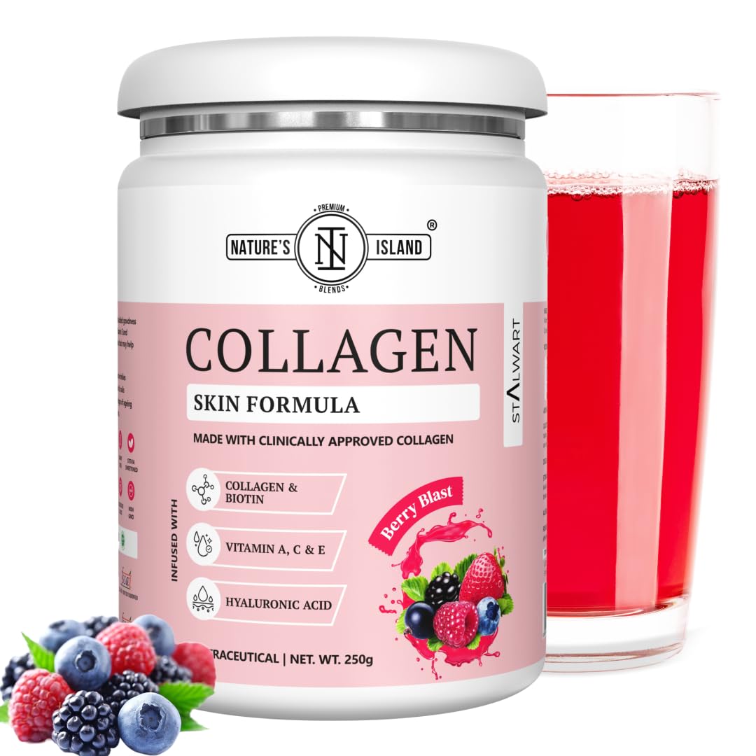 Nature's Island Skin Glow Collagen Powder (Berry, 250g) , Marine Collagen Supplements for Women & Men With Biotin, Vitamin A, C,E, Hyaluronic Acid, for Glowing Skin,Anti Ageing, Firmness, Elasticity, Healthy Hair and Nails.