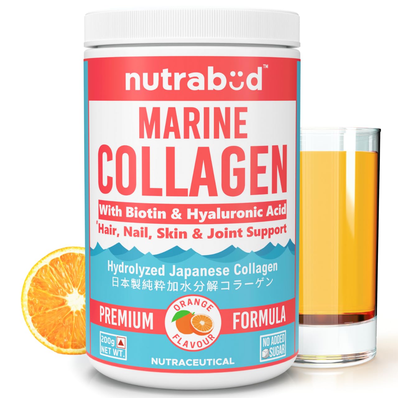 Nutrabud Japanese Marine Collagen Powder Supplement for Women, Men | No Added Sugar | Supports Skin Radiance, Healthy Hair, Nails & Joints | Hydrolyzed Collagen Peptides (Orange, 200g)