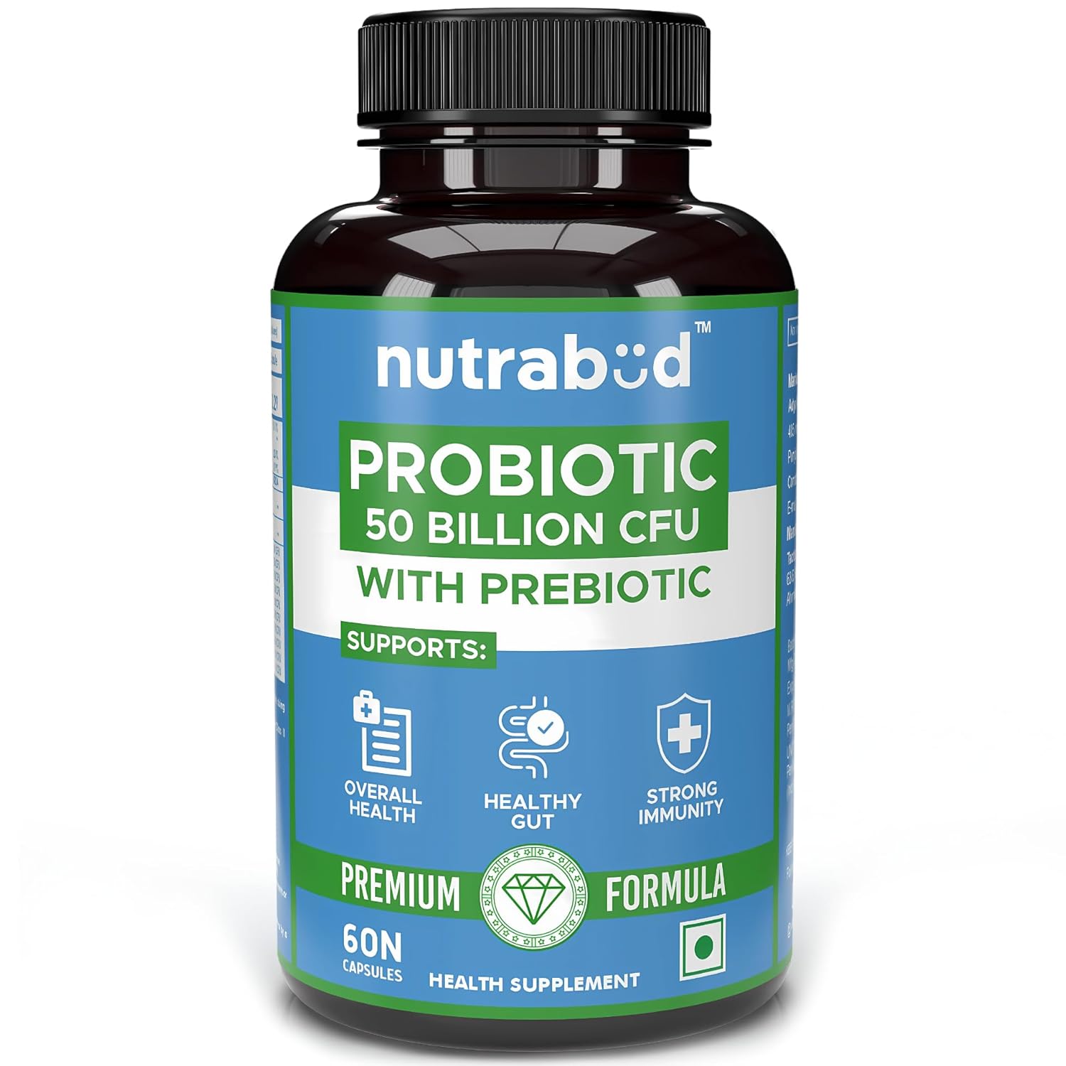 Nutrabud Probiotic Supplement 50 Billion CFU for Women & Men - Probiotic for Gut Health Supplements - Supports Digestion & Immunity - 60 Veg Capsules (60 Count (Pack of 1), Unflavoured)