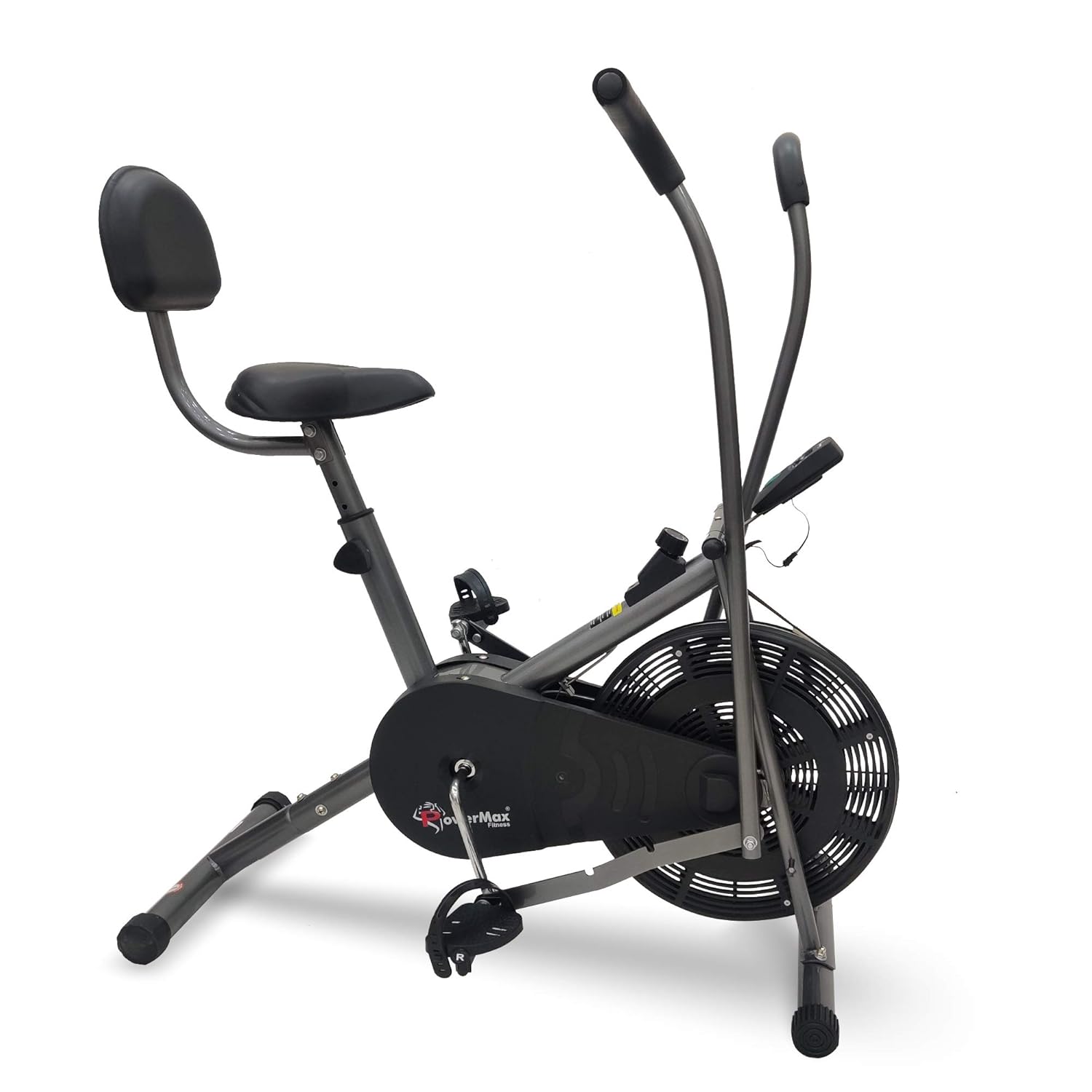 PowerMax Fitness® BU-201 Dual Action Air Bike/Exercise Bike for Home |Gym Cycle for Workout With Adjustable Cushioned Seat | Non-Slip Pedals | Fixed Handles Black Gym Bike, Max user weight 120 KG