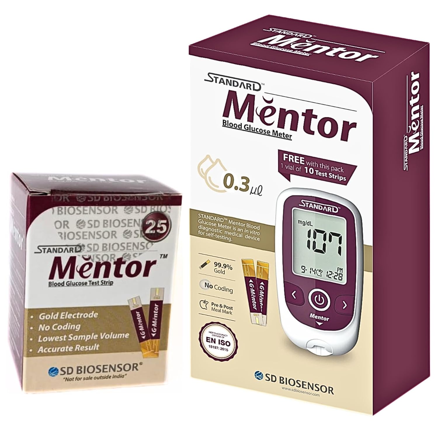 STANDARD Mentor Digital Blood Glucose Meter for self Diabetes testing monitor machine with 25 Strips & complete medical device Kit - Glucometer (Magenta)