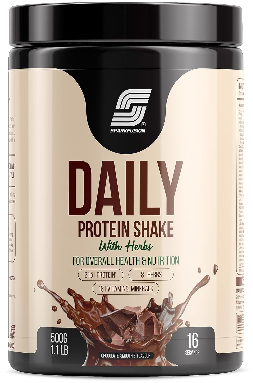 Sparkfusion Daily Protein Shake With Hebrs | 21 Gm Protein With 8 Hebrs | For Men & Women | Chocolate Smoothie Flavour 500 Gm