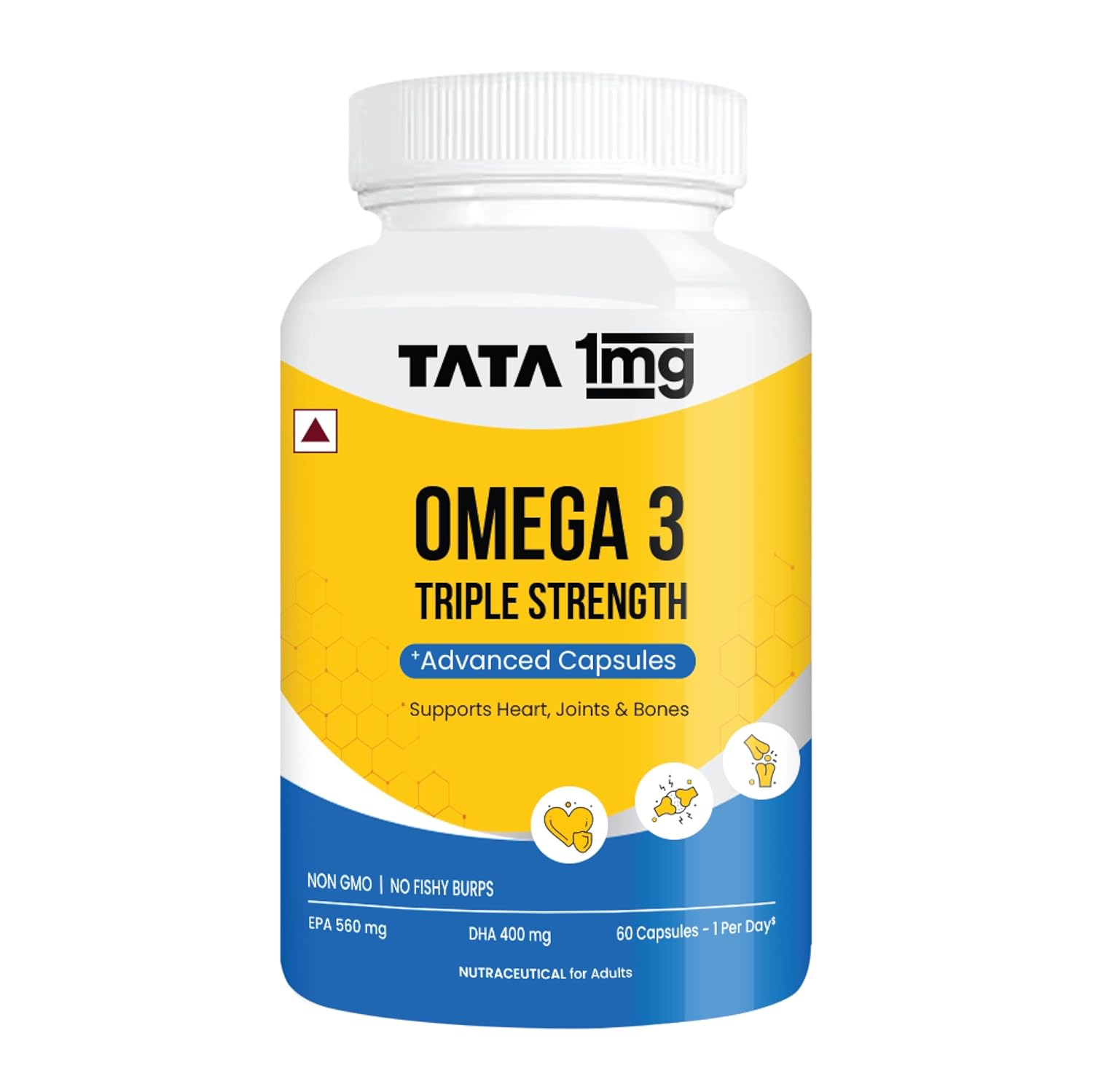 TATA 1mg Triple Strength Omega 3 Fish Oil Capsules 1250mg | Advanced High Strength Omega 3 supplement with 560mg EPA & 400mg DHA | For muscle recovery, heart & joints | Pack of 60