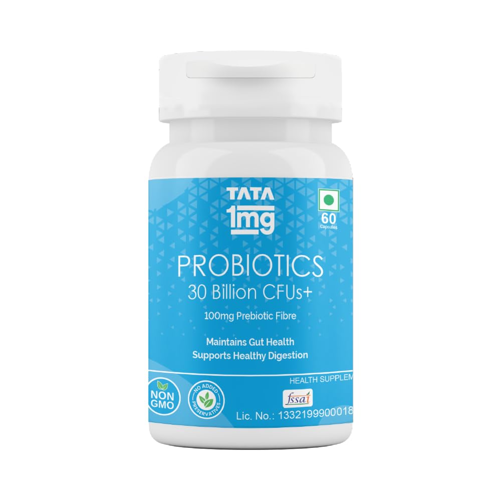 Tata 1mg Probiotics 30 Billion CFUs+ Capsule With Prebiotic Fibre Helps In Health Protection Level And Supports Digestion,For Unisex (Pack Of 60 Capsules)