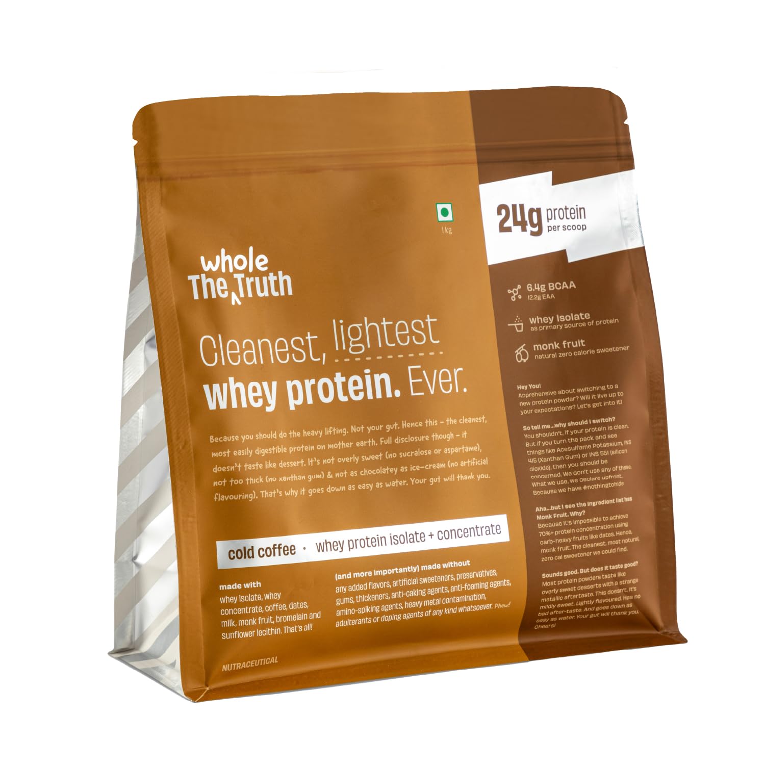 The Whole Truth Whey Protein Isolate+Concentrate | Cold Coffee 1 kg (2.2 lbs) | 24g Protein/Scoop | 6.6g BCAA | 100% Authentic Whey & No Adulteration | Clean, Light & Easy to Digest | Vegetarian