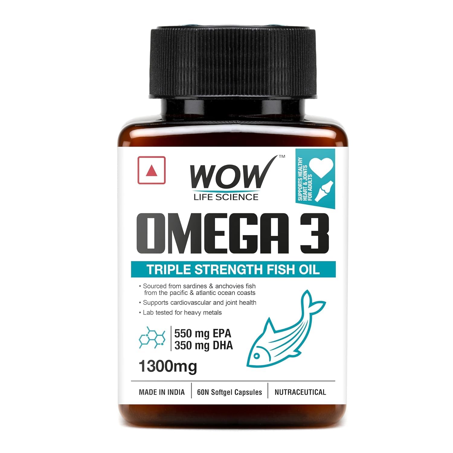 WOW Omega-3 Fish Oil 1300 mg Triple Strength 550mg EPA 350mg DHA, Burpless, Mercury free, Ideal for Keto Diet