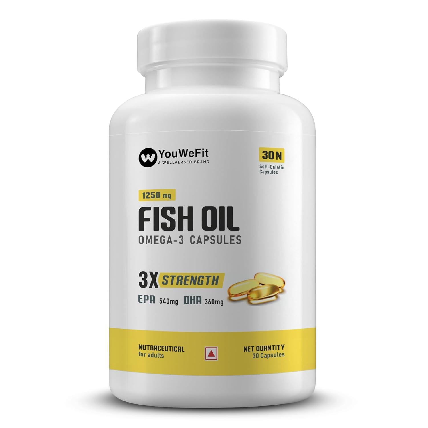 YouWeFit Omega-3 Fish Oil (30 Capsules) | 1250mg Triple Strength Fish Oil Softgel Capsules (540mg EPA & 360mg DHA) | No Fishy Burps | For Joint & Heart Health