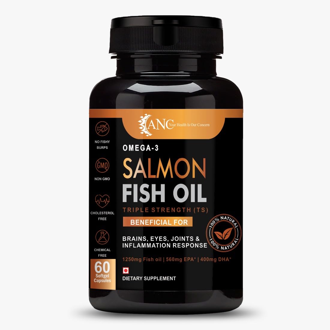 ANC Triple Strength Fish Oil Omega 3 Capsules for Men & Women,1250mg Fish Oil, 560mg EPA, 400mg DHA,Protects Vision,No Fishy Aftertaste, Supports Family Health (60 Softgels)