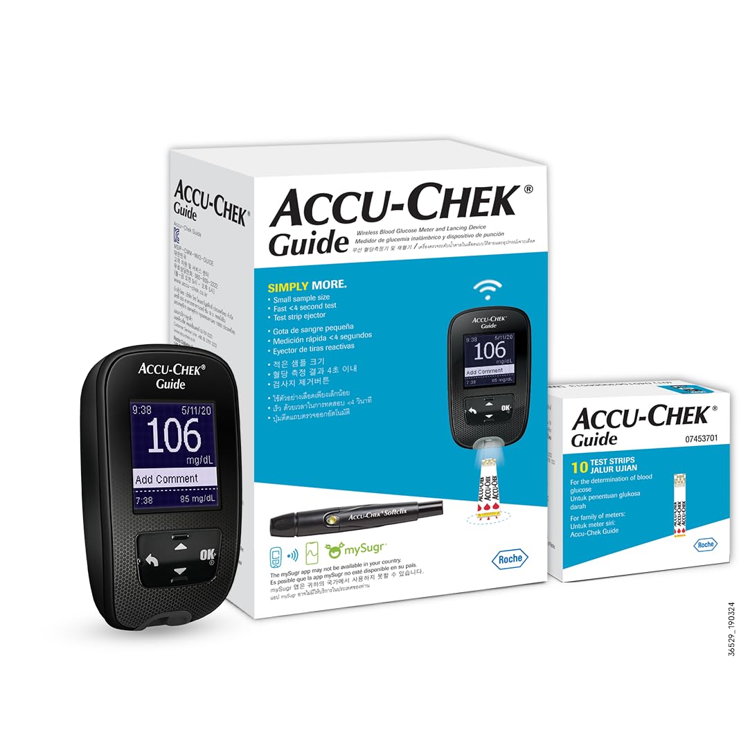 Accu-Chek Guide Blood Glucose Glucometer (with Bluetooth) Kit with Vial of 10 Strips, 10 Lancets and a Lancing Device FREE for Accurate Blood Sugar Testing