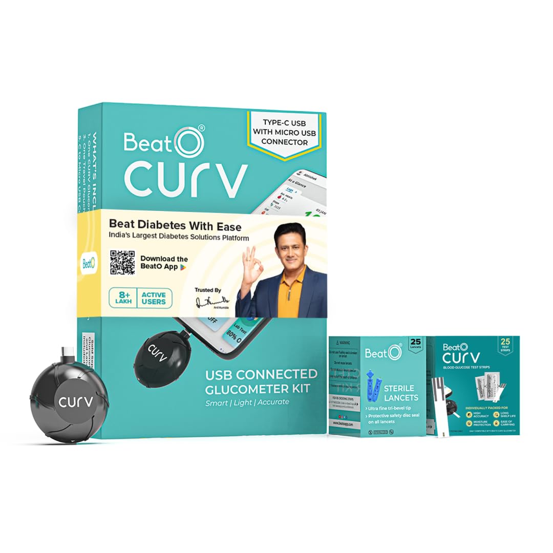 BeatO CURV Sugar Test Machine | FREE 25 Strips & 25 Lancets (Type-C USB Connector) | Simple & accurate testing of Blood sugar levels at home |Smartphone Connected Glucometer Machine | Android only | ISO Certified: Made in India