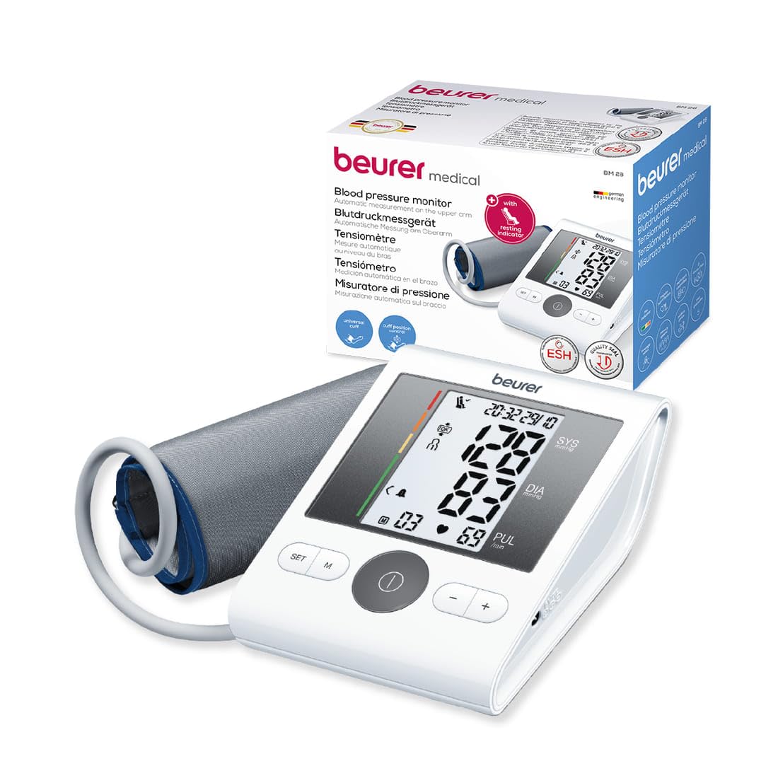 Beurer BM28 Blood Pressure Monitor with Adaptor comes with Advance Features, Adjustable Cuff,Risk Indicator,Large LCD Display(White)