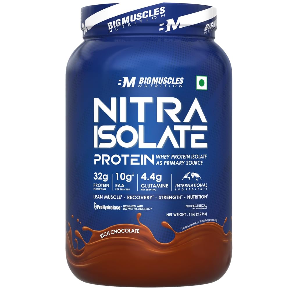 Bigmuscles Nutrition Nitra Isolate [1kg, Rich Chocolate] | 32g Protein | 10g EAA | Whey Protein with ProHydrolase Enzyme Tech. For Faster Absorption | Improved Strength, Faster Recovery & Muscle Building