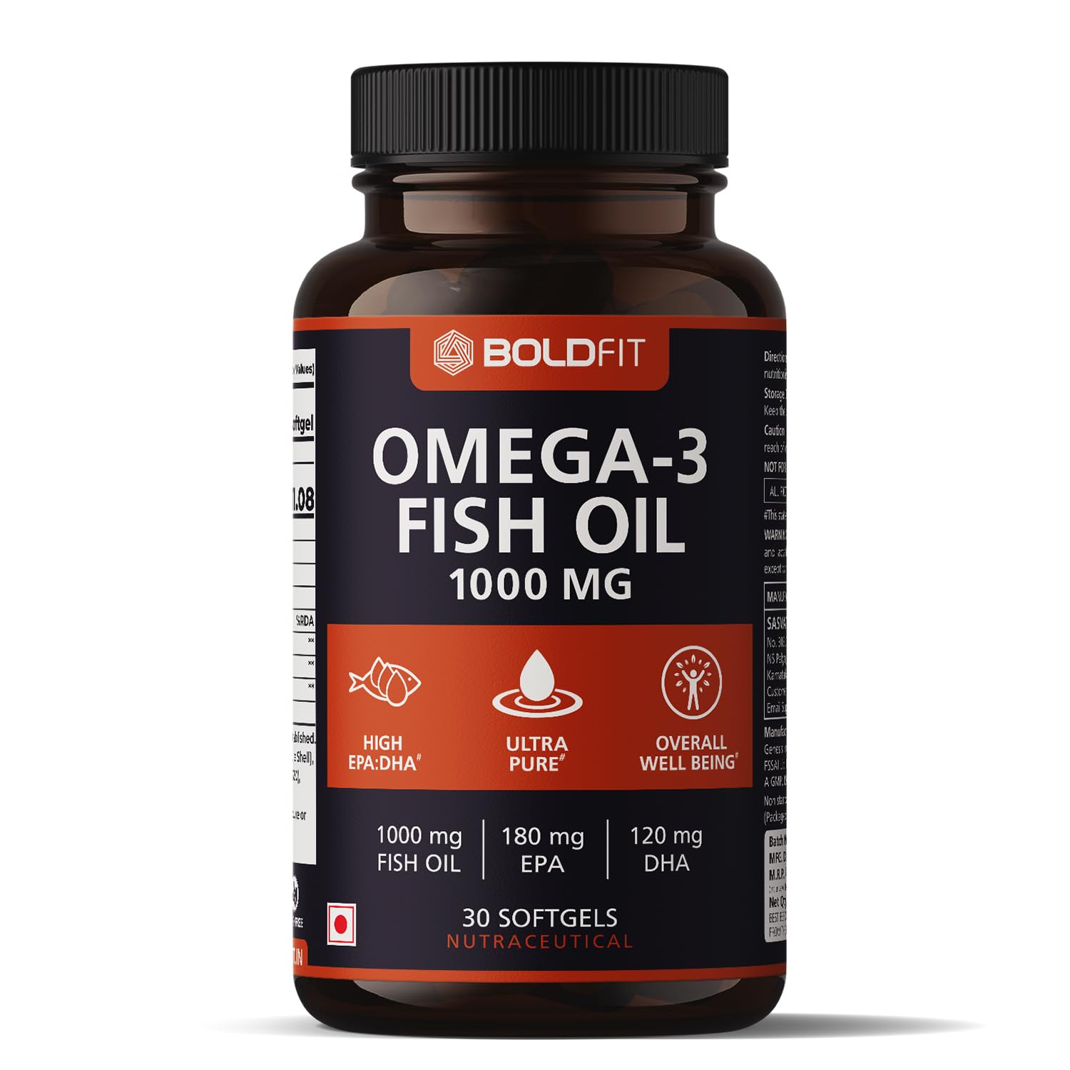 Boldfit Fish Oil Capsules Fish Oil Omega 3 Capsules for Men and Women Omega 3 Capsules Omega 3 Fish Oil 180mg EPA & 120mg DHA Fish Oil for Immunity, Brain, Bones & Joint Support - 30 Capsules