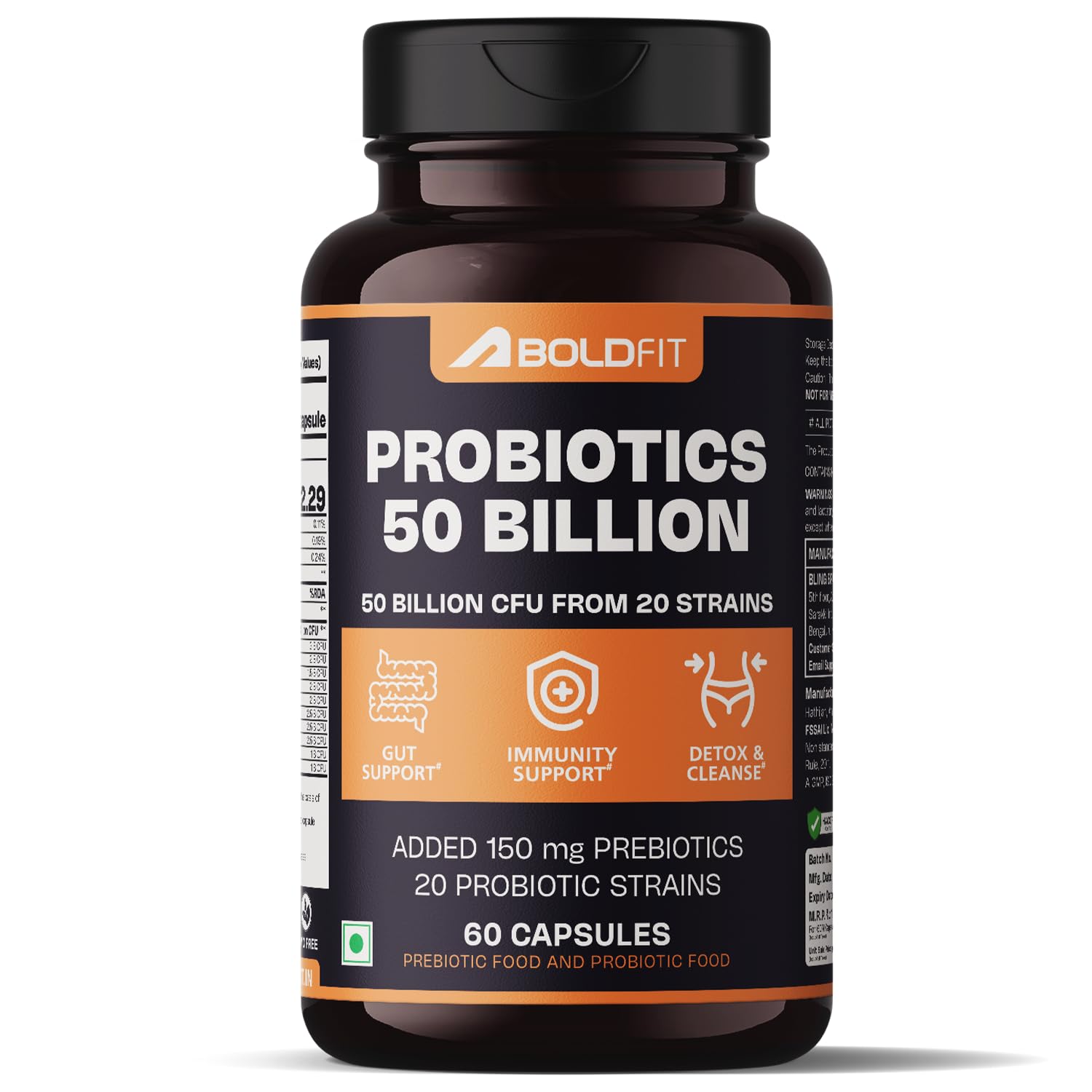 Boldfit Probiotics Supplement 50 Billion CFU For Men & Women with 20 Strains & Prebiotics - Gut Support, Digestion, Immunity Support, Detox & Cleanse - 60 Vegetarian Capsules, White