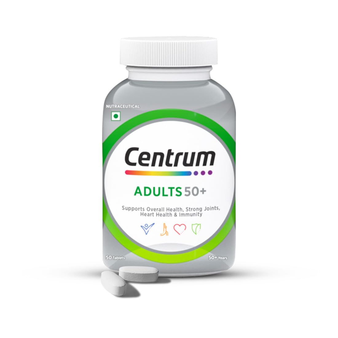 Centrum Adult 50+, World's No.1 Multivitamin with Calcium, Vitamin D3 & 21 other Nutrients for Overall Health, Strong Joints & Heart Health (Veg) 50 Tablets