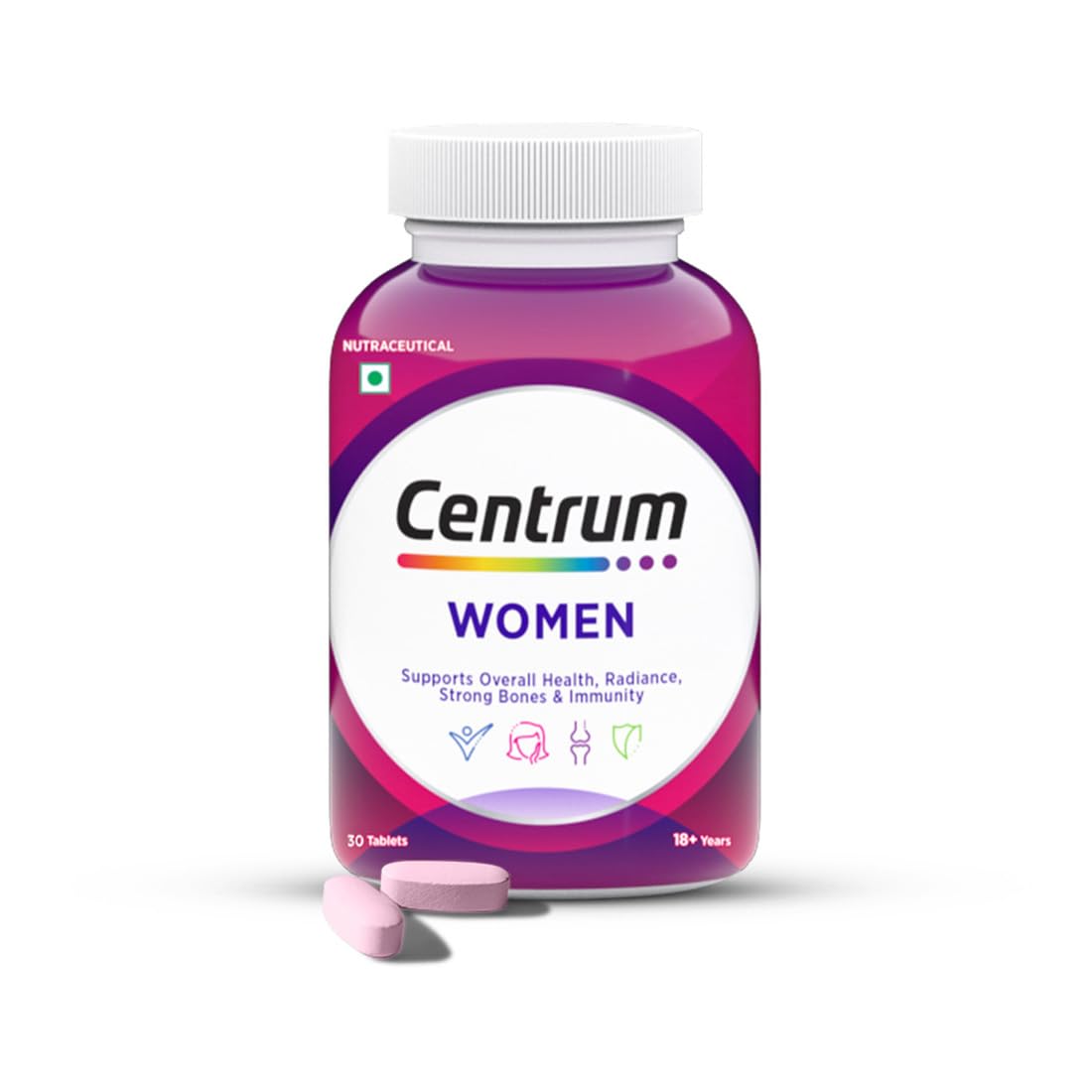 Centrum Women, World's No.1 Multivitamin with Biotin, Vitamin C & 21 vital Nutrients for Overall Health, Radiance, Strong Bones & Immunity (Veg) Pack of 30 Tablets