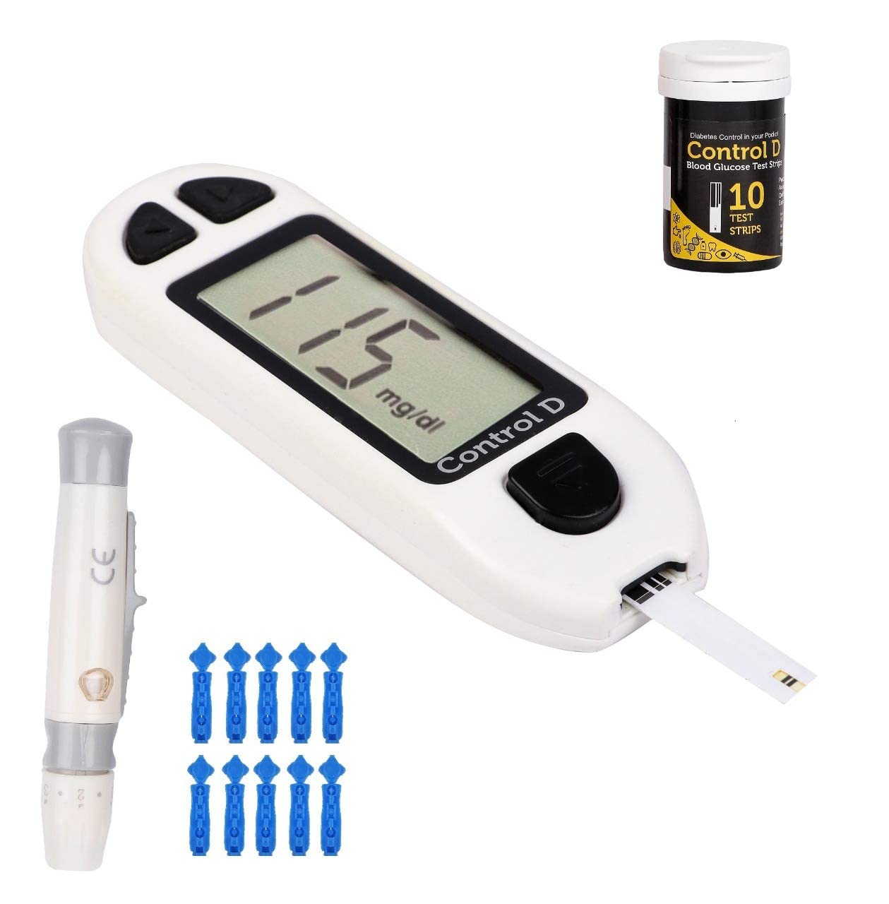 Control D Blood Glucose Sugar Testing Monitor with 10 Strips Glucometer (White)