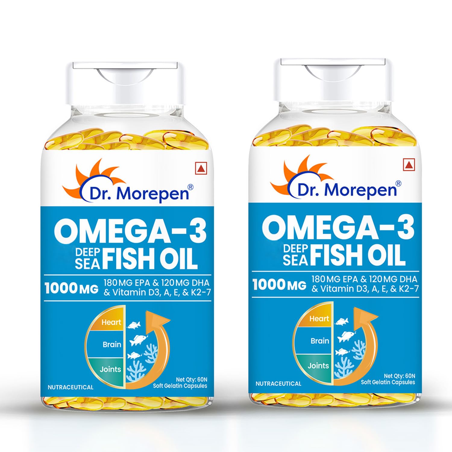 DR. MOREPEN Omega 3 Deep Sea Fish oil 1000 mg Omega with 300 mg DHA with Vitamin A, D3, E & K27 | 60 softgels - (Pack of 2)