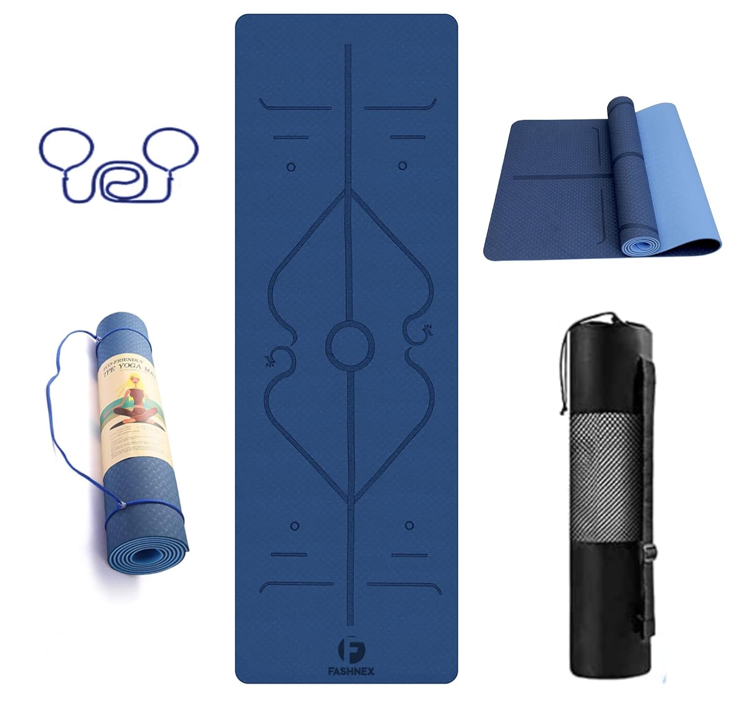 FASHNEX Tpe Yoga Mat For Women And Men With Carry Bag And Strap, 6Mm Extra Thick, Ideal Exercise Mat For Yoga, Pilates And Workout. (As Per Image), Blue