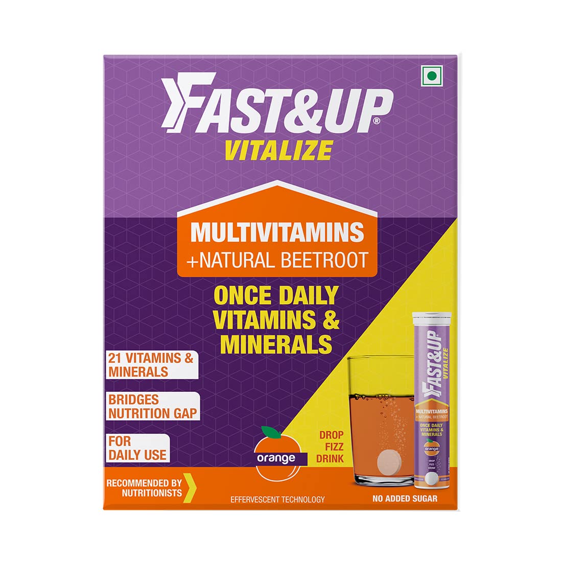 Fast&Up Vitalize - Immunity Essential Multivitamin For Men & Women (60 Effervescent Tablets, Orange Flavor) - 21 Vital Vitamins & Minerals with Vitamin C, D & Zinc For Daily Health & Immunity