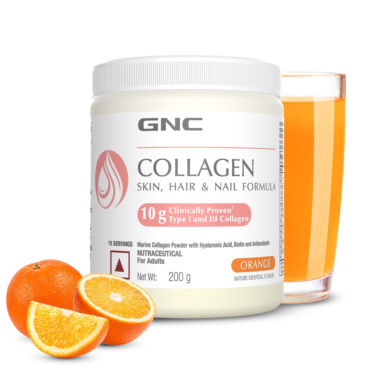 GNC Marine Collagen I India's Only 10g Clinically Proven Collagen (200g) I For Radiant & Youthful Skin | Reduces Fine Lines & Wrinkles | Added Hyaluronic Acid | Biotin & Vitamin C | Orange Flavour - Powder