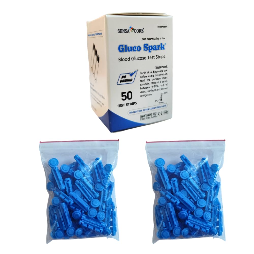 Glucospark 50 Strips and 100 sterile twisted Lancets Combo - Compatible only with glucospark glucose meters | Sugar Test Meter not included (B-Arm)