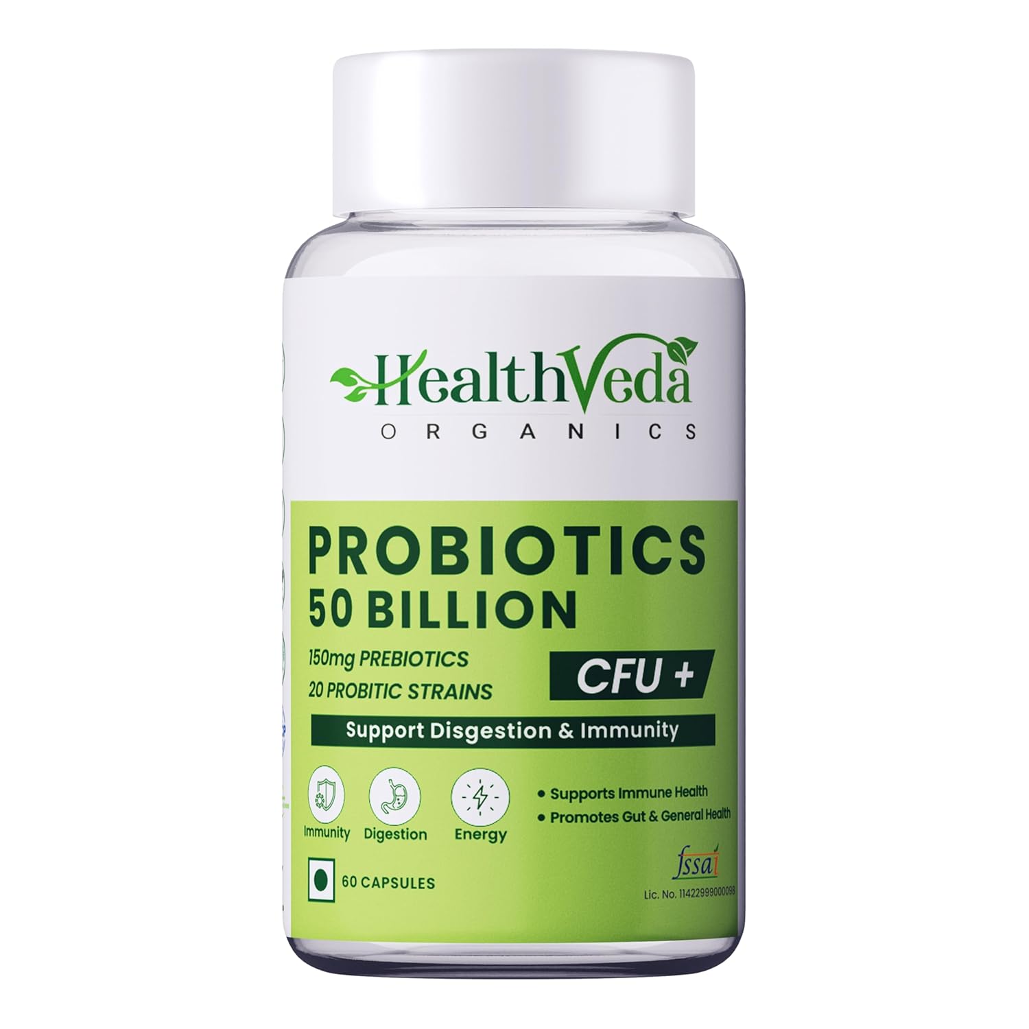 HEALTH VEDA ORGANICS PRIVATE LIMITED Probiotics 50 Billion Cfu Multi-Strains With Prebiotic | Good Digestive, Gut Health, Diarrhea, Gas & Bloating Support | Men And Women - 60 Vegetarian Capsules