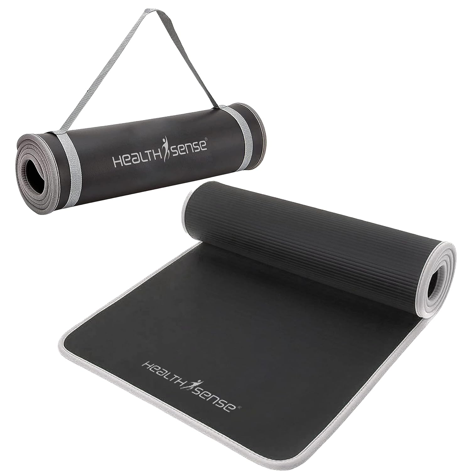 HealthSense Yoga Mat for Women & Men | Exercise Gym Mat for Home Workout with Carry Rope, NBR Material, Anti-Slip Design, 6mm Thick, Dual Color – YM 602 (Black & Grey)