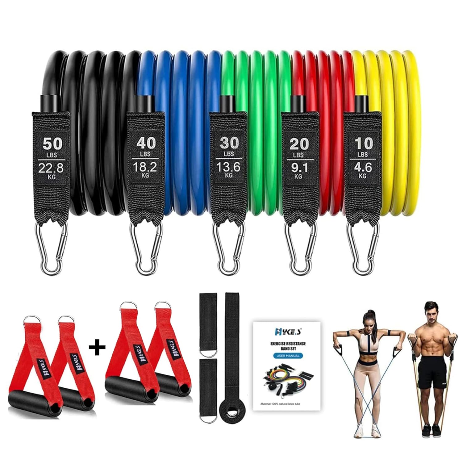 Hykes Resistance Band Set for Exercise Unbreakable Natural Latex Toning Tube Exercise Band Resistance Tubes Set for Home Gym Stretching Band for Men & Women Workout with Handle for Legs