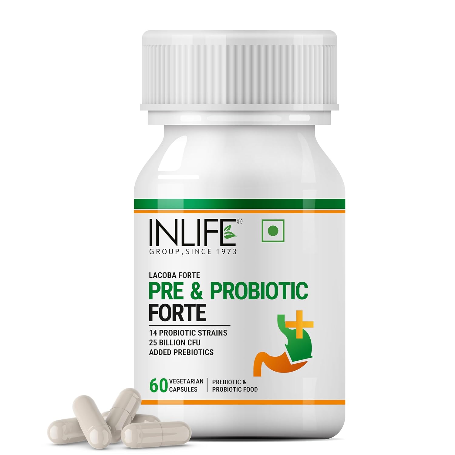 INLIFE Prebiotic and Probiotics Forte Supplement for Men & Women 25 billion CFU with 14 Strains | Digestion Gut & Immunity Health Supplement - 60 Vegetarian Capsules