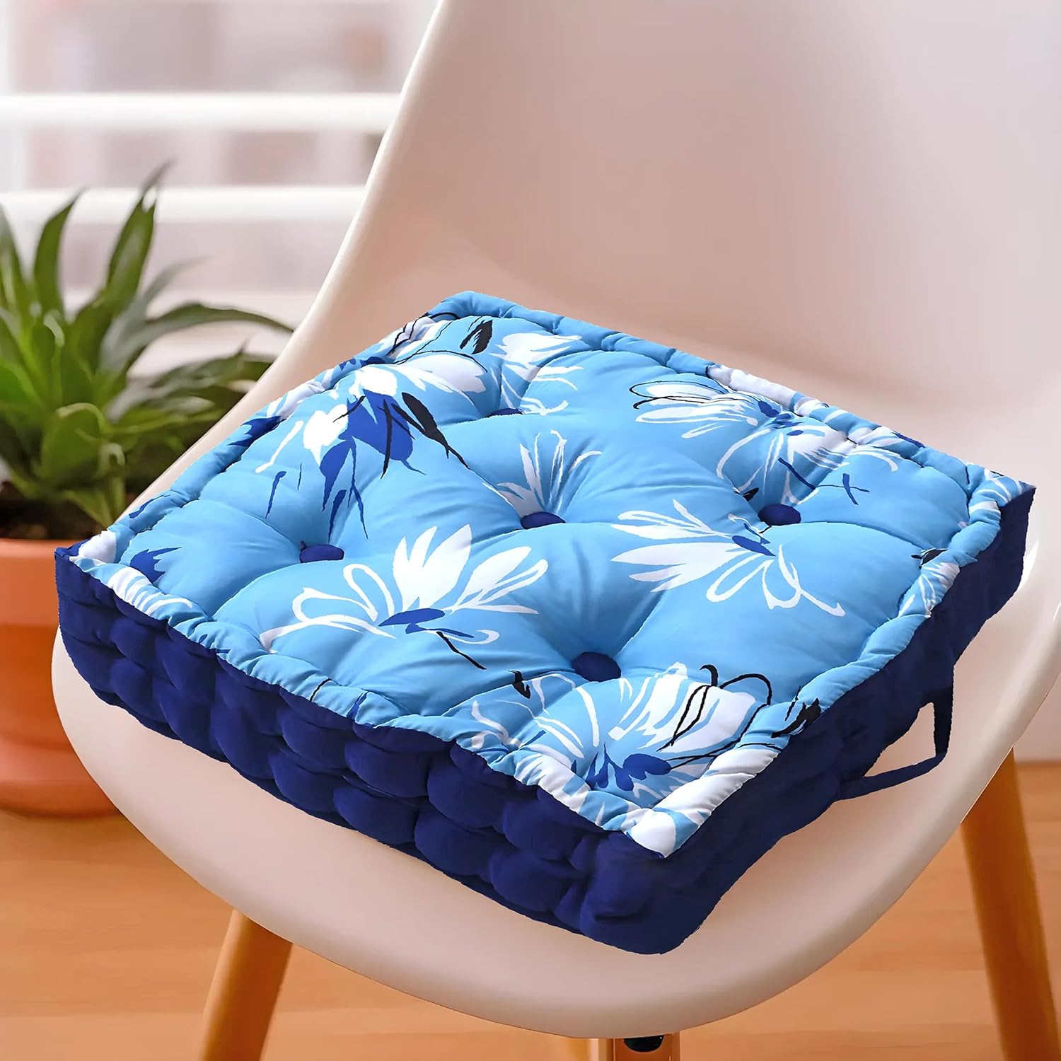 Kuber Industries Square Chair Pad|Comfortable Floral Design Seat Cushion|Soft Cotton Pillow Filler for Seating,Meditation,Yoga,Living Room (Sky Blue)