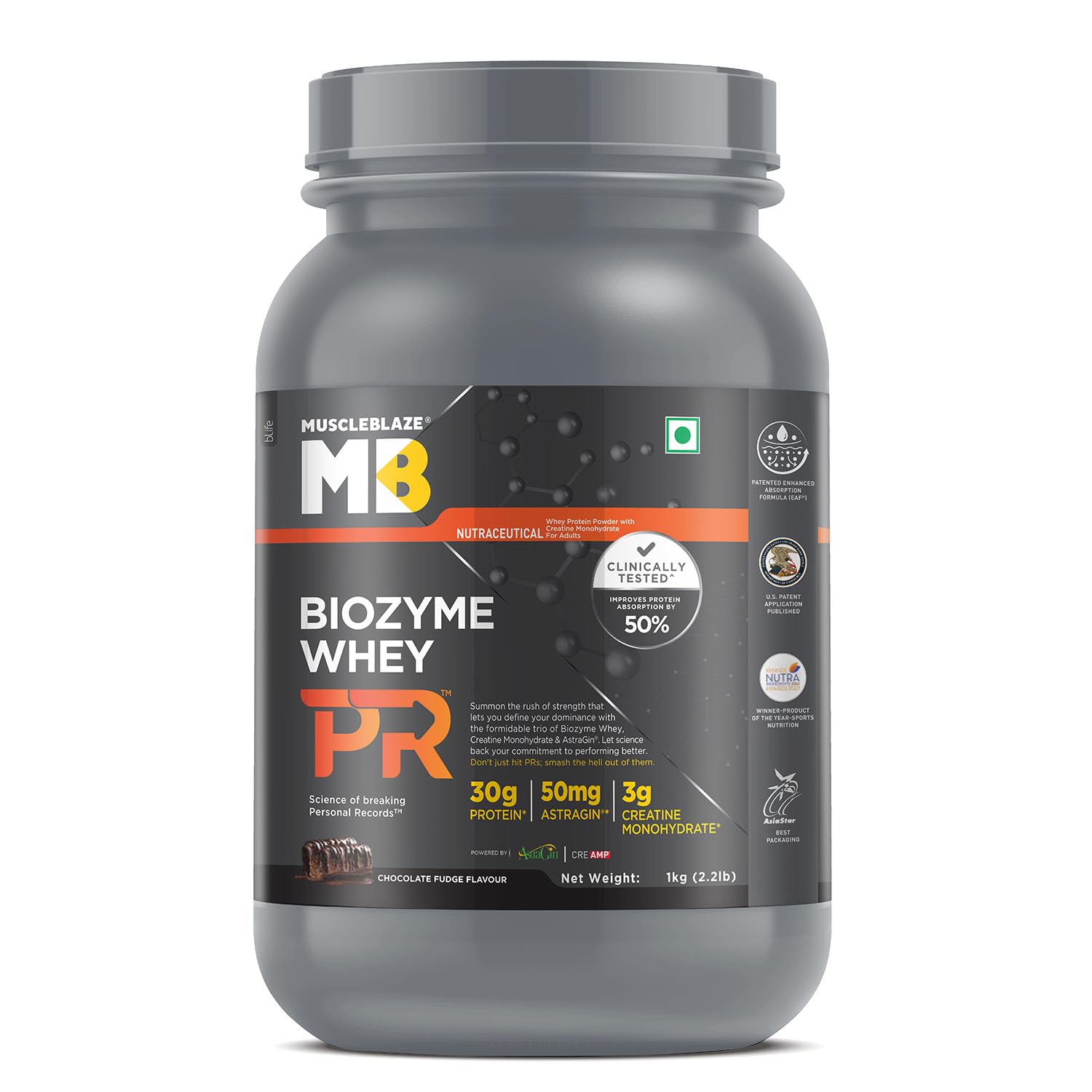 MuscleBlaze Biozyme Whey Protein PR with 30g Protein, 3g Creatine Monohydrate & 50mg AstraGin® (Chocolate Fudge, 1kg / 2.2lbs) | Trustified Gold Certified