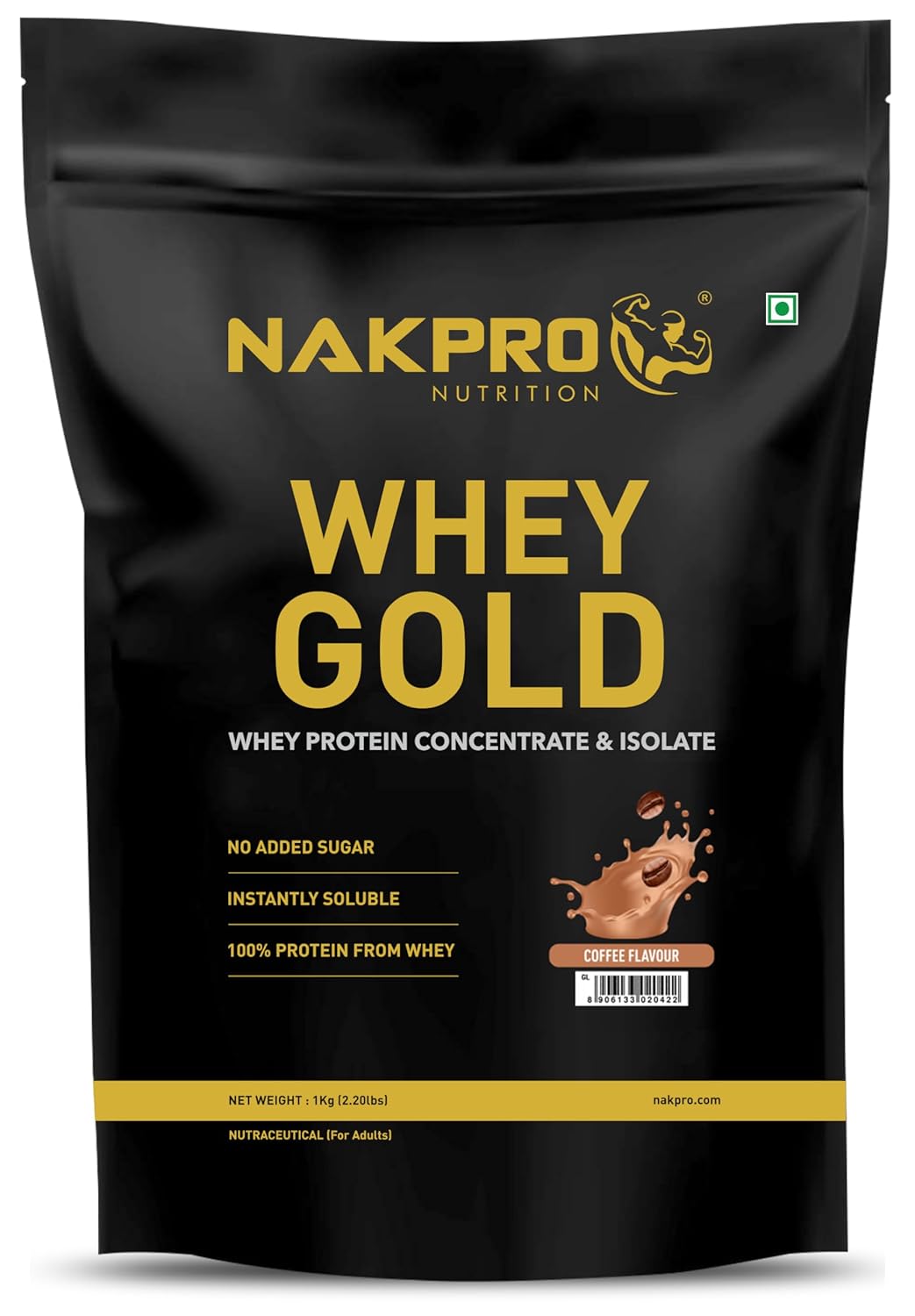 NAKPRO Gold Whey Protein Concentrate & Isolate 1kg Coffee | 25.5g Protein, Trustified Certified Supplement Powder | Fast Absorbing Whey Protein Powder