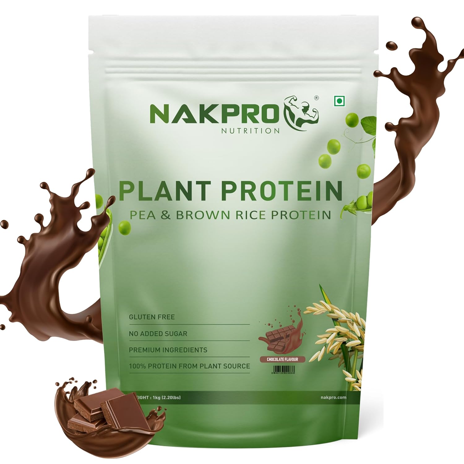 NAKPRO Vegan Plant Protein Powder (Pea Protein & Brown Rice Protein), Chocolate - 1kg | 25.2g Protein, 4.9g BCAA | Easy To Digest | All Essential Amino Acids for Muscle Gain and Recovery